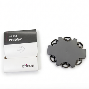 Oticon miniFit ProWax packaging open on the left with a gray circular ProWax component featuring petal-like arms on the right, resting on a white background.