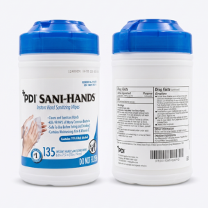 Two white bottles of PDI Sani-Hands instant hand sanitizing wipes with blue caps, shown from front and back.