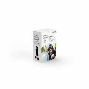 Boxed Serenity Choice product by Phonak, featuring an image of a person wearing a helmet beside the box and in-ear devices depicted on the side.