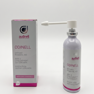 Box and bottle of Audinell Odinell earwax removal aid with a white dropper nozzle (50 ml).