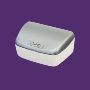 White plastic container with a rounded silver lid, branded 'Global' on the lid, set against a purple background.